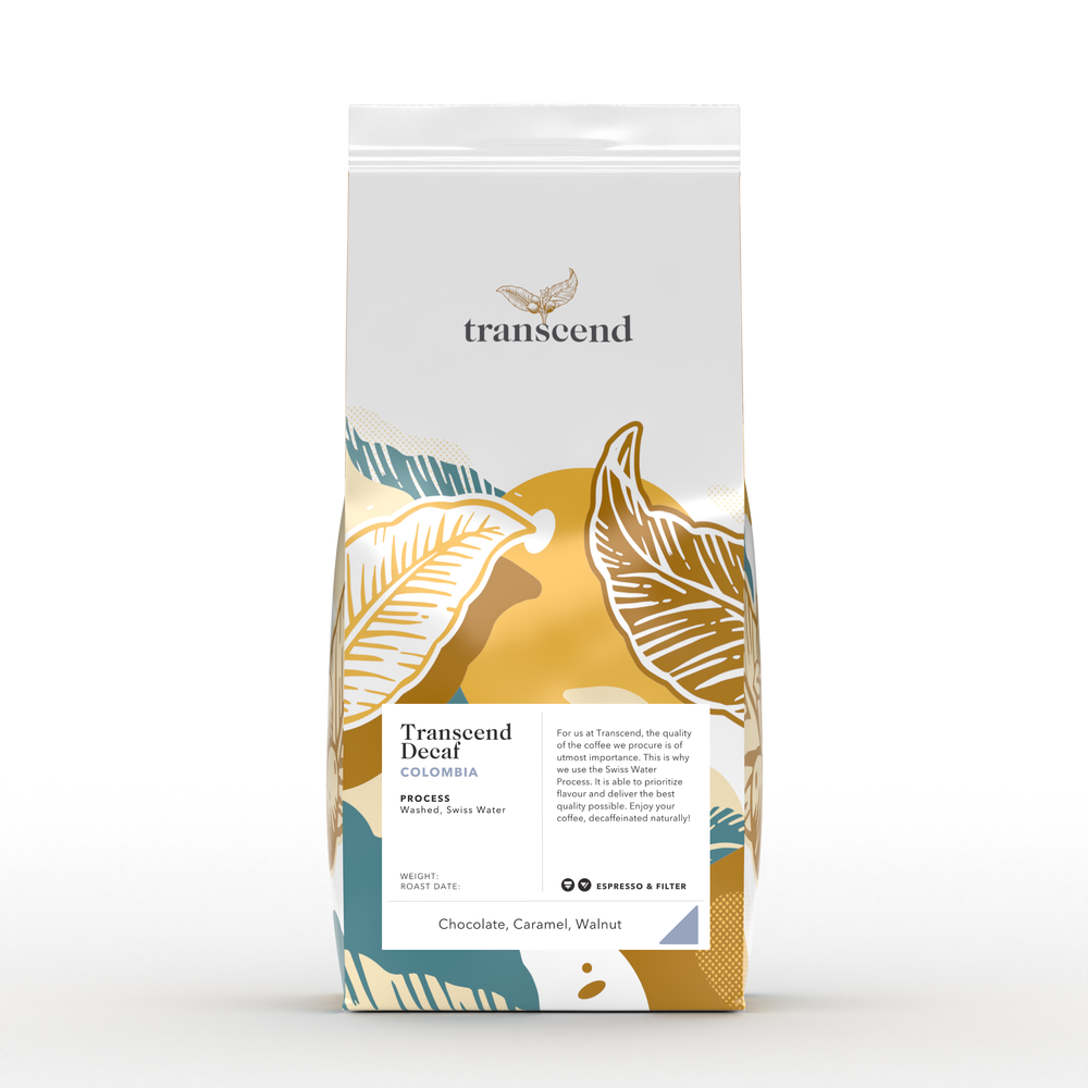 Coffee bag with transcend branding on a white background