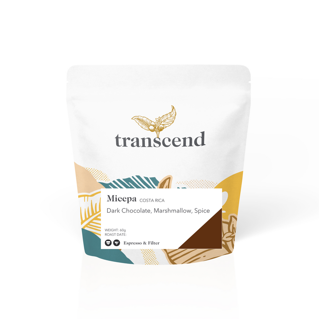 Transcend coffee package with Micepea Costa Rica flavor description on a white background
