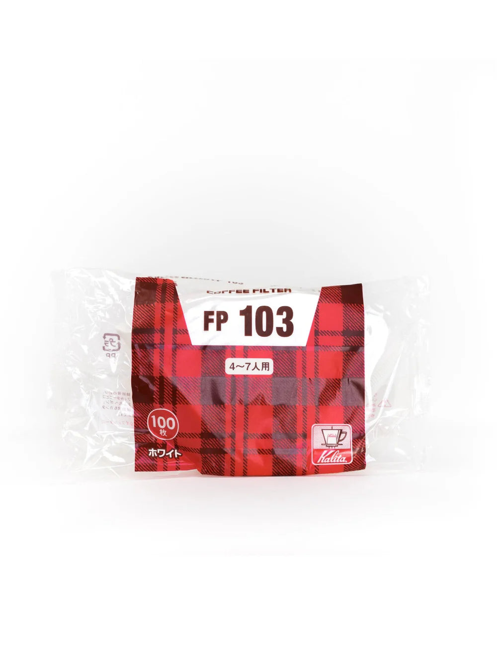A pack of Kalita 103 #4 Coffee Filters, with packaging indicating a 100-pack quantity and compatibility with #4 cone shaped brewers.