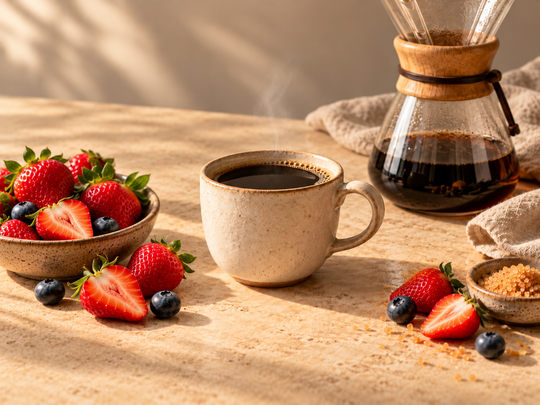 A rustic ceramic mug filled with black coffee sits on a wooden table beside a bowl of fresh strawberries and blueberries, with a glass pour-over coffee maker and small sugar bowl in the background.